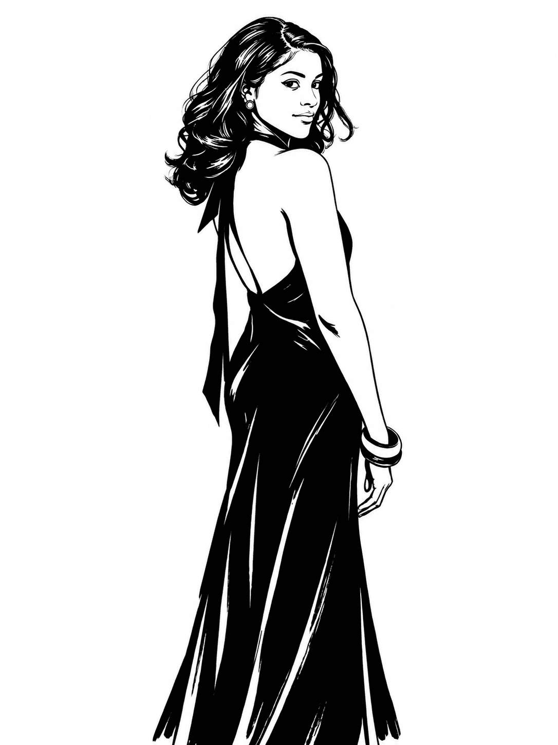 Ink illustration of Gianni looking over her shoulder in a flowing, open-back gown